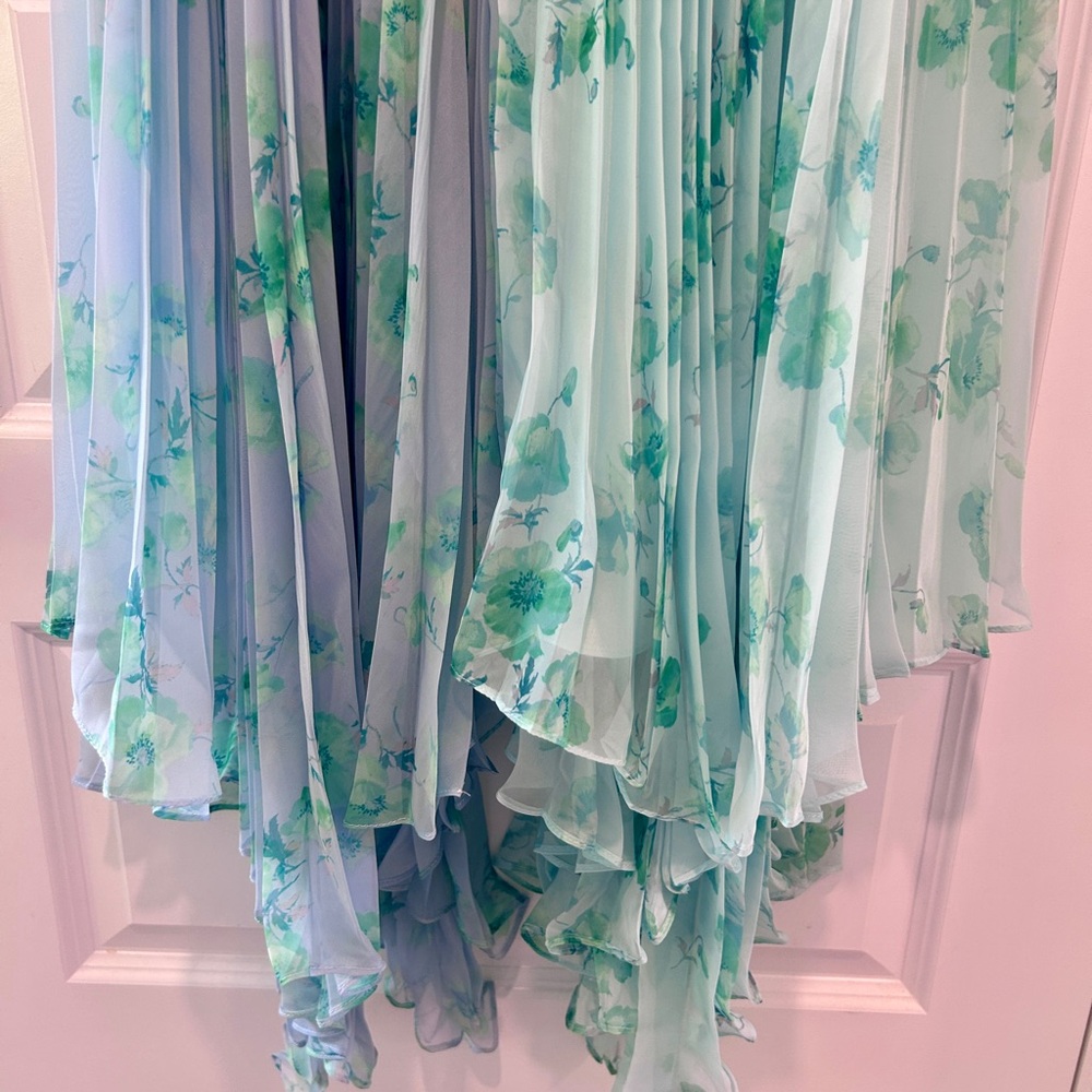 THEIA Pleated Chiffon Dress Blue Green Watercolor Halter Midi 4 Wedding Guest - Picture 11 of 15